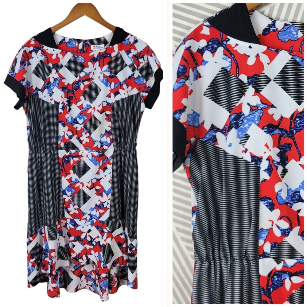 Peter Pilotto Shirt Dress size 14 Bright Red Blue Flare Floral Geometric